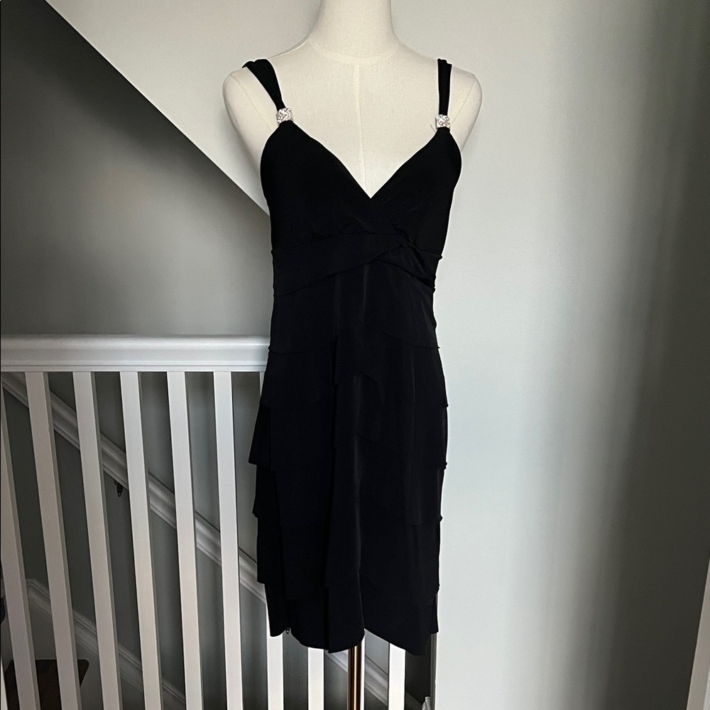 La Belle Black Tiered Mini Dress with Embellished Straps